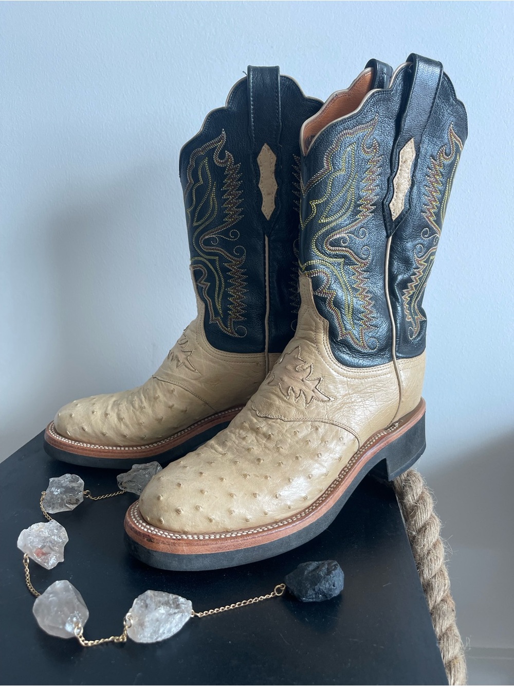 Lucchese Woman’s Two-Tone Ostrich Cowboy Boots - Black & Cream